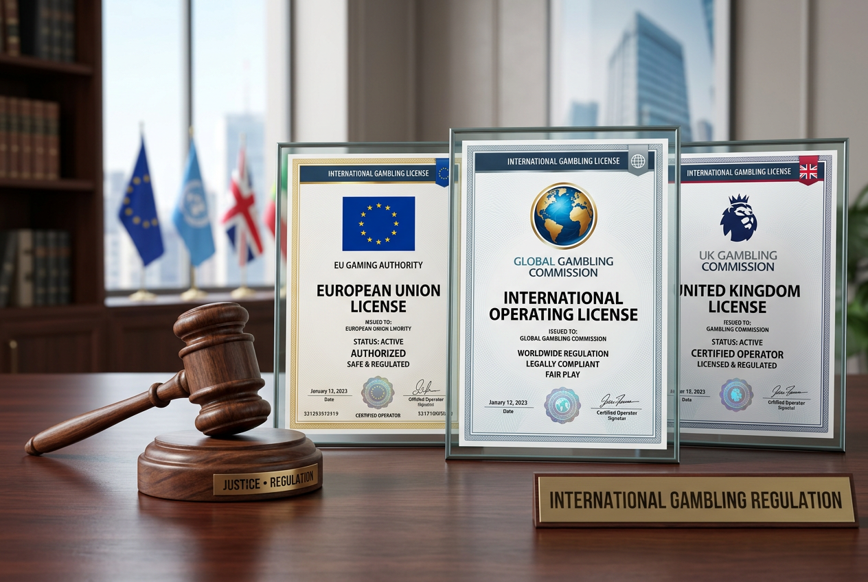 Visual representation of international gambling laws gavel stylized license stamps EU flag and global connections clean corporate look